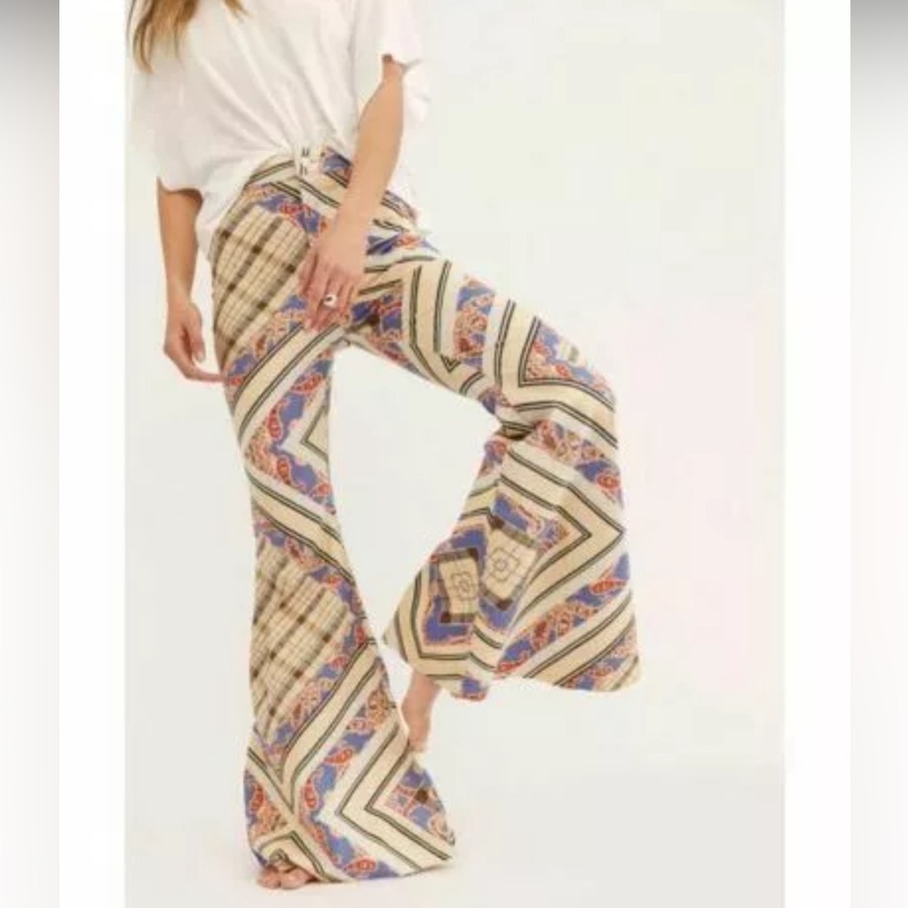 Free People Just Float On Printed Flare Jeans "Paisley Plaid Combo"